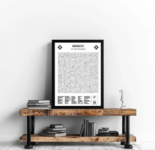 Affiche 50x70 cm en noir et blanc représentant une grille de mots mêlés sur le thème de la ville de Biarritz, avec un design sobre et élégant.