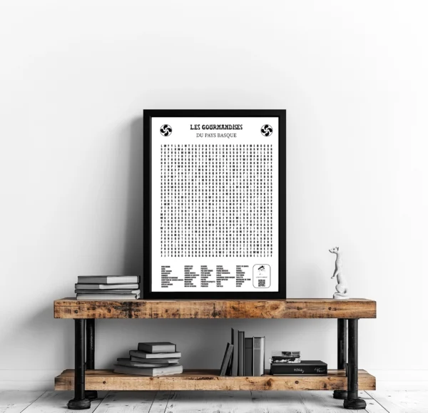 Affiche 50x70 cm en noir et blanc représentant une grille de mots mêlés sur le thème des gourmandises de la gastronomie traditionnelle du Pays basque, avec un style graphique épuré.