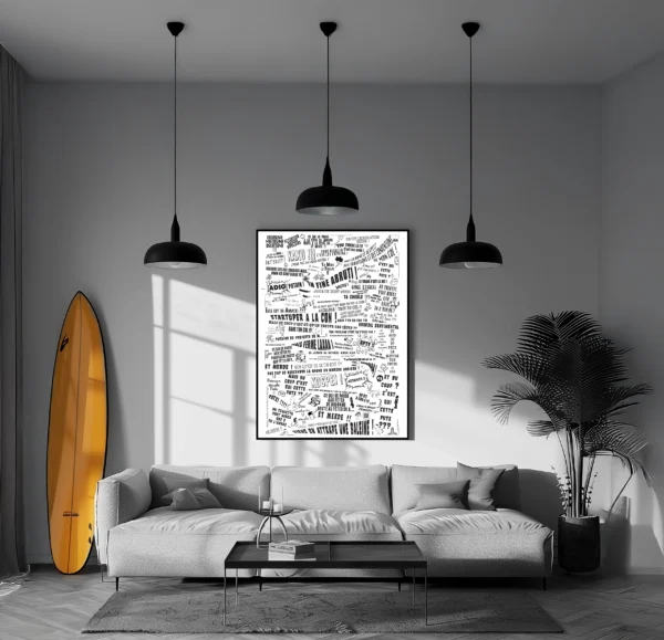 Affiche 50x70 cm composée de textes humoristiques variés, présentés dans différentes polices d’écriture, avec un style graphique épuré et moderne.
