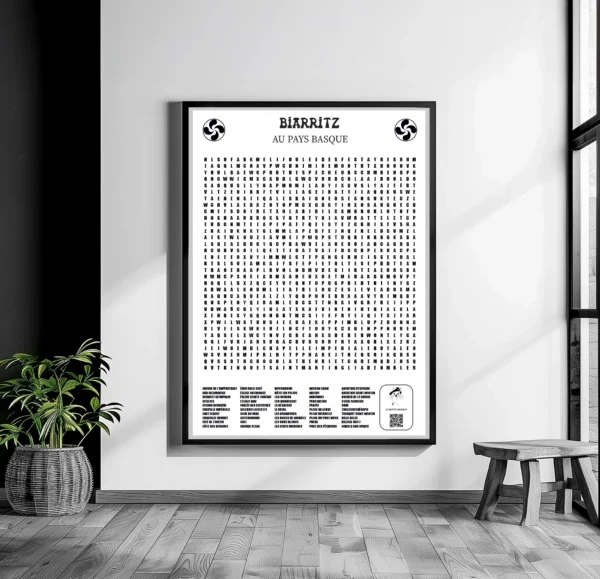 Affiche 50x70 cm en noir et blanc représentant une grille de mots mêlés sur le thème de la ville de Biarritz, avec un design sobre et élégant.