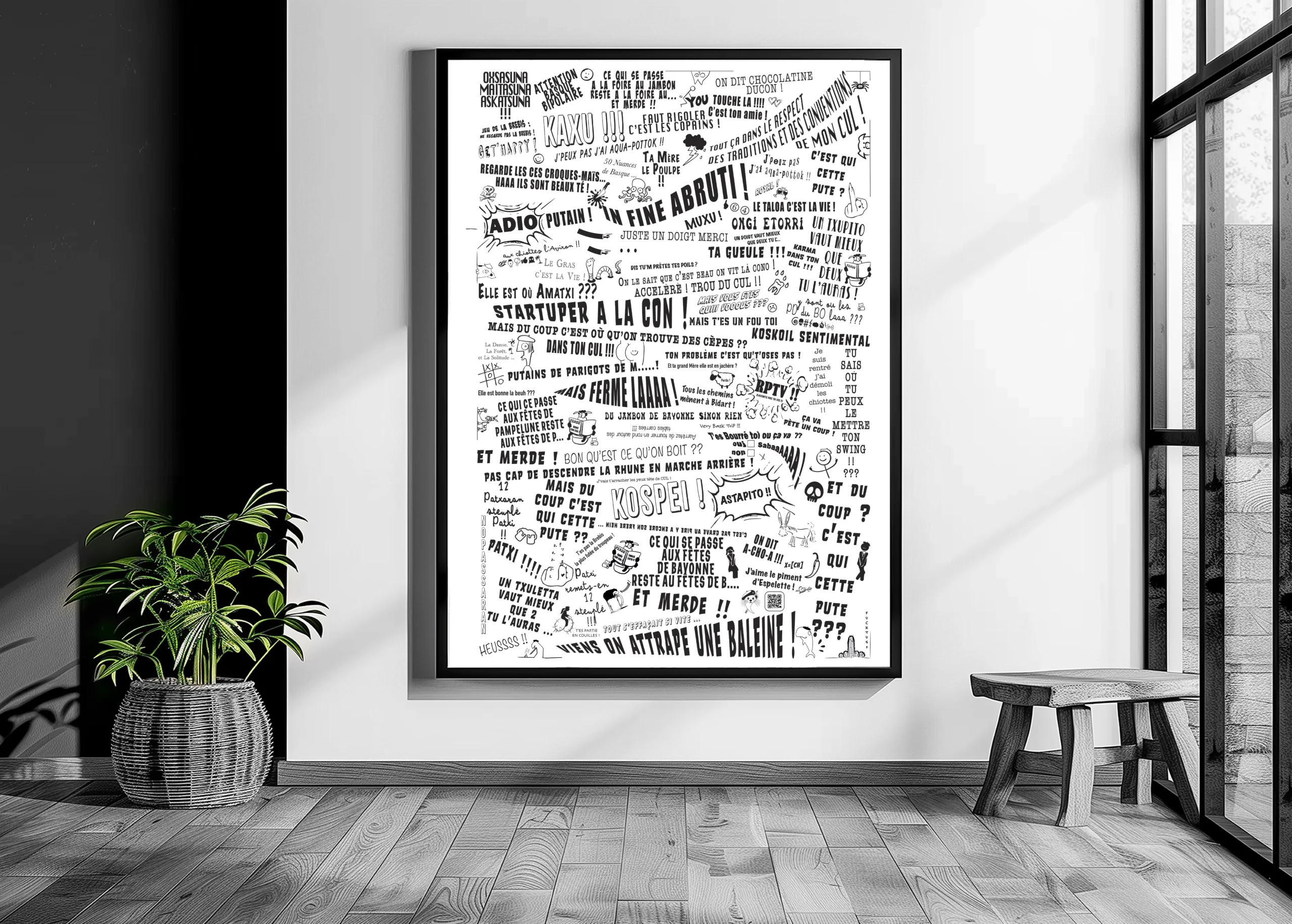 Affiche 50x70 cm composée de textes humoristiques variés, présentés dans différentes polices d’écriture, avec un style graphique épuré et moderne.