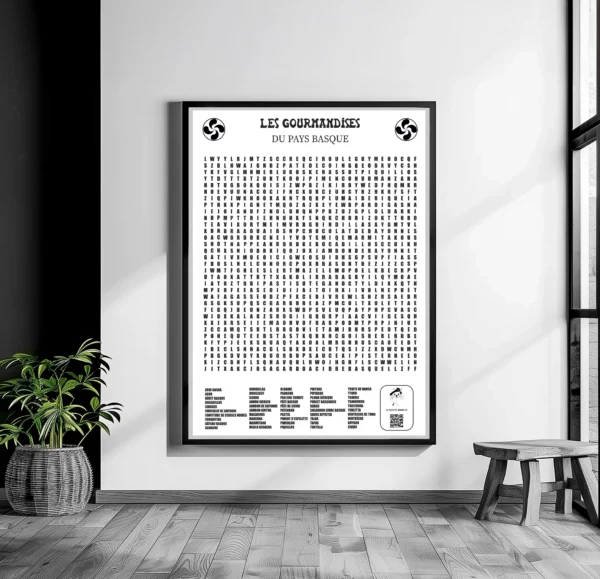Affiche 50x70 cm en noir et blanc représentant une grille de mots mêlés sur le thème des gourmandises de la gastronomie traditionnelle du Pays basque, avec un style graphique épuré.