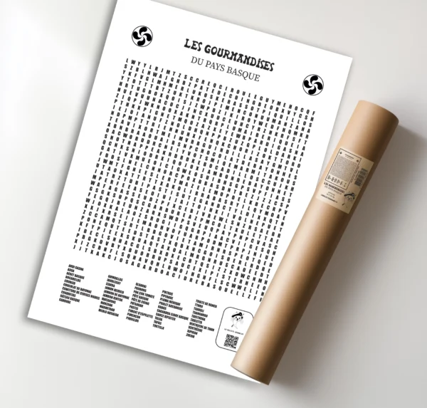 Affiche 50x70 cm en noir et blanc représentant une grille de mots mêlés sur le thème des gourmandises de la gastronomie traditionnelle du Pays basque, avec un style graphique épuré.