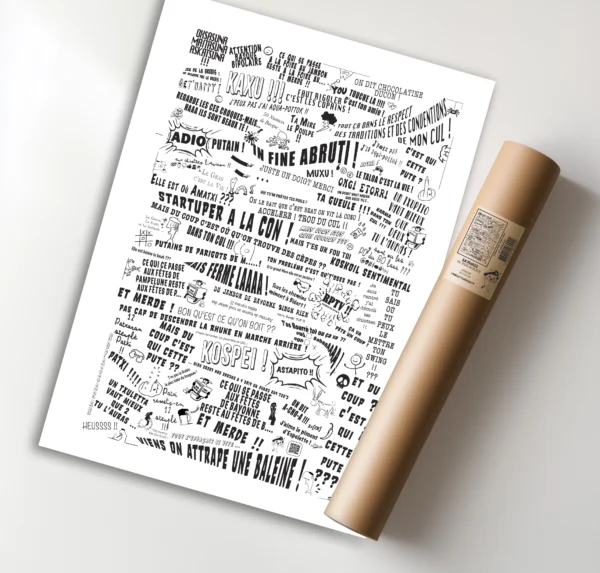 Affiche 50x70 cm composée de textes humoristiques variés, présentés dans différentes polices d’écriture, avec un style graphique épuré et moderne.